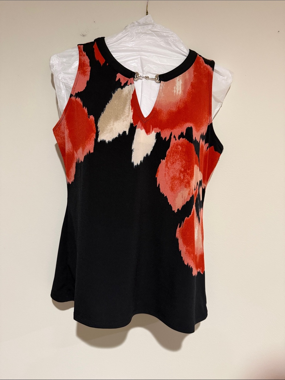White House Black Market Black Tank with Red and Cream Abstract Motif